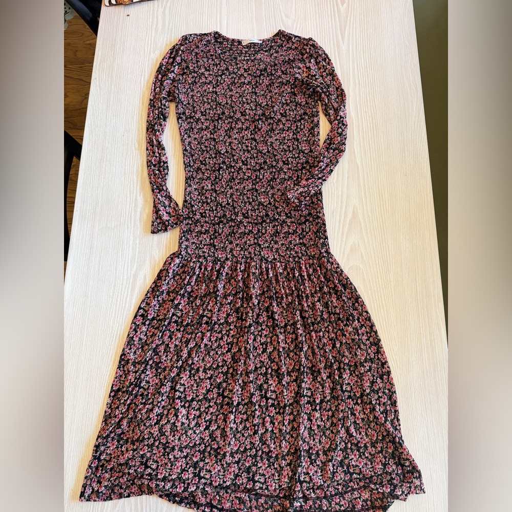 Mango Black and Pink Floral Long Sleeve Dress
